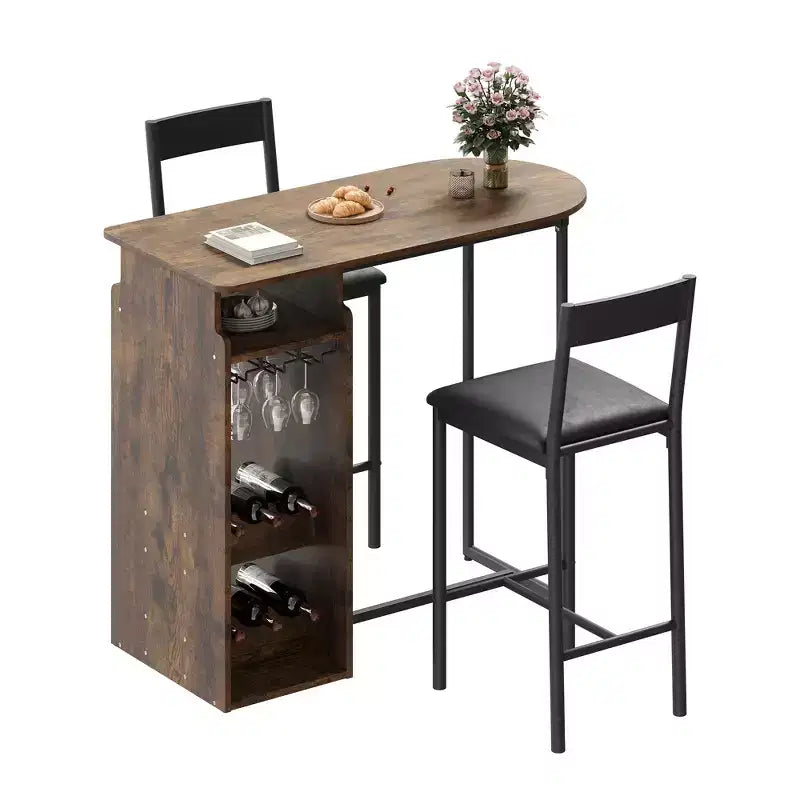 Bar Table and Chair Set for 2 with Wine Rack and Wine Glass Holder, Open Storage Shelf, Semi-Circular Wood Tabletop, for Kitchen, Dining Room