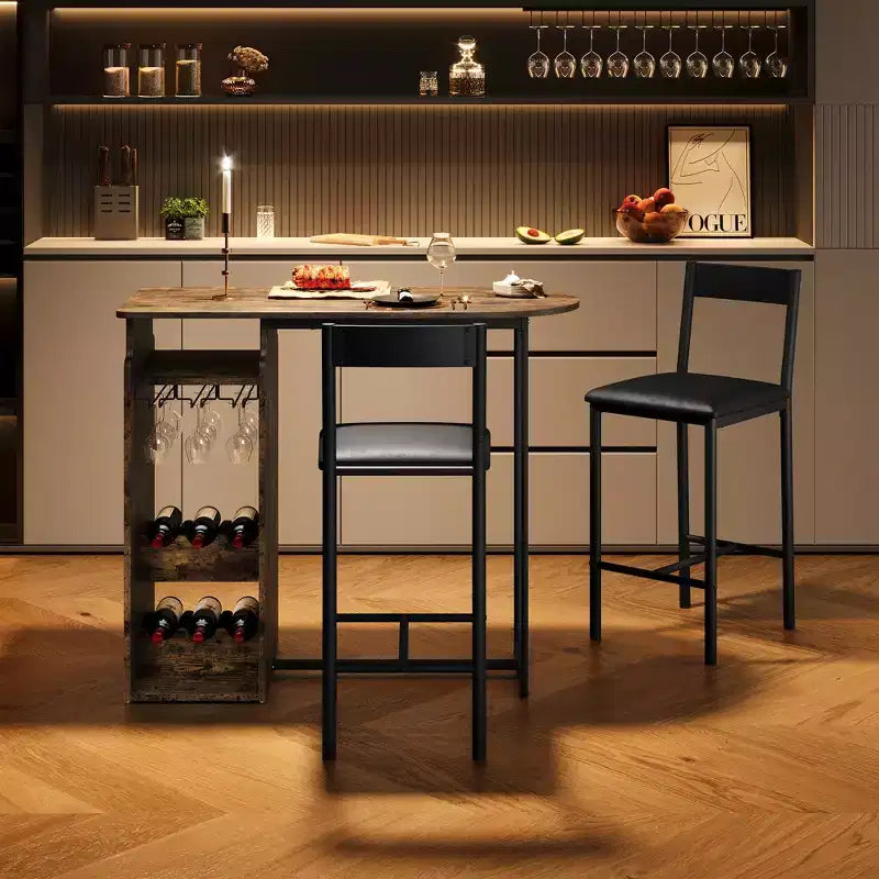 Bar Table and Chair Set for 2 with Wine Rack and Wine Glass Holder, Open Storage Shelf, Semi-Circular Wood Tabletop, for Kitchen, Dining Room