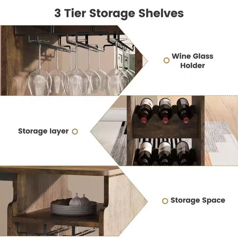 Bar Table and Chair Set for 2 with Wine Rack and Wine Glass Holder, Open Storage Shelf, Semi-Circular Wood Tabletop, for Kitchen, Dining Room