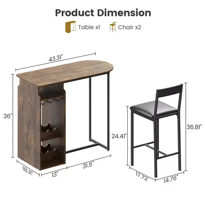 Bar Table and Chair Set for 2 with Wine Rack and Wine Glass Holder, Open Storage Shelf, Semi-Circular Wood Tabletop, for Kitchen, Dining Room
