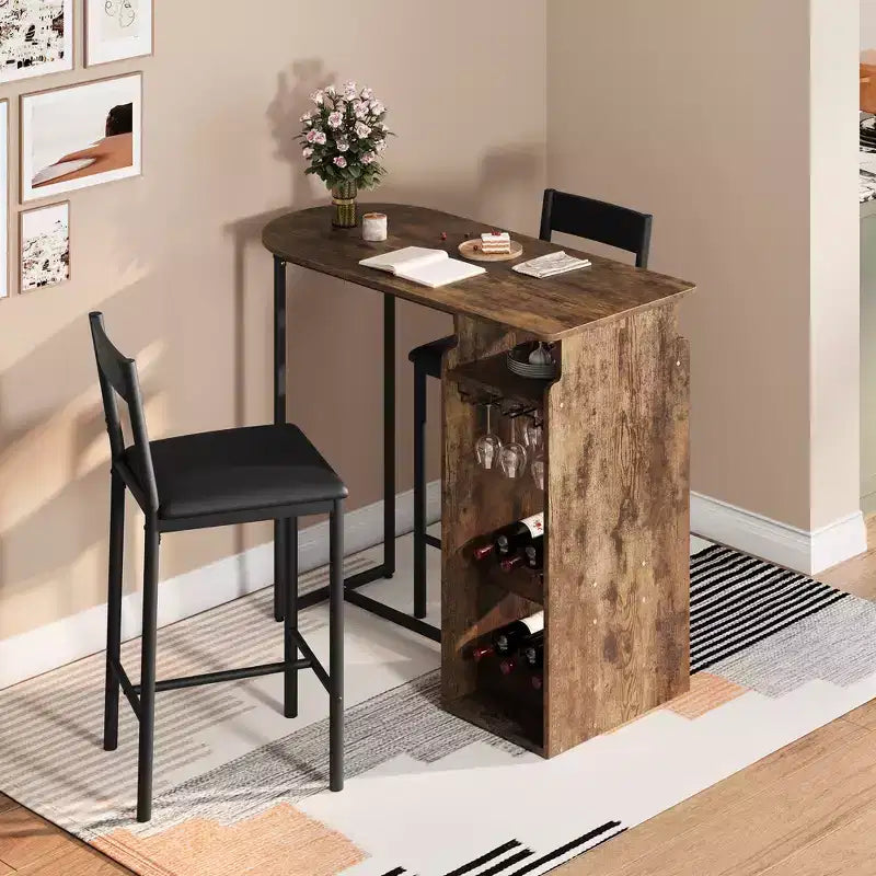 Bar Table and Chair Set for 2 with Wine Rack and Wine Glass Holder, Open Storage Shelf, Semi-Circular Wood Tabletop, for Kitchen, Dining Room