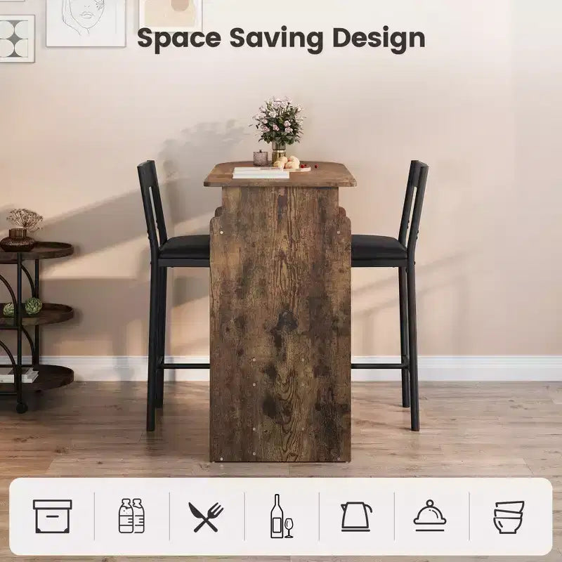 Bar Table and Chair Set for 2 with Wine Rack and Wine Glass Holder, Open Storage Shelf, Semi-Circular Wood Tabletop, for Kitchen, Dining Room