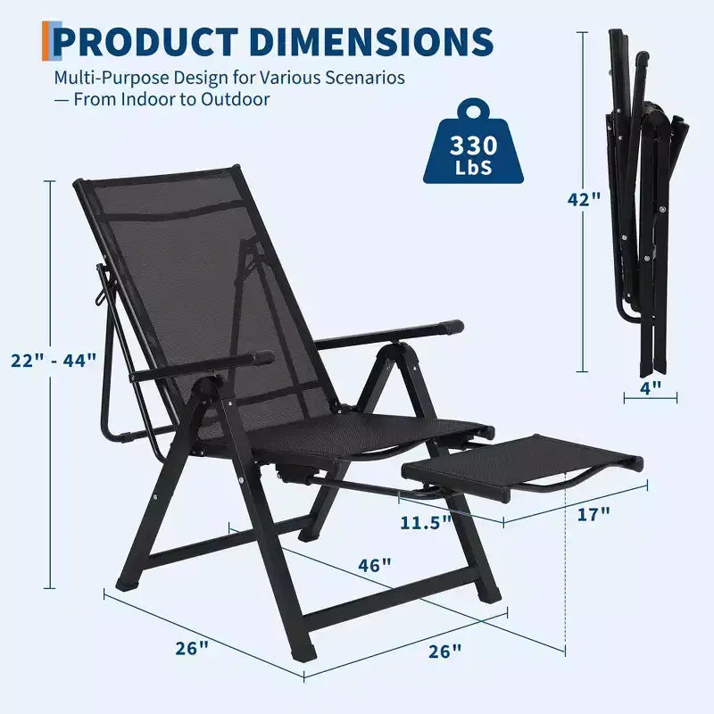 Outdoor Folding Dining Chairs with Backrests Armrests, Chaise Lounge Chairs with Footrests, Adjustable Reclining Chair No Assembly, 330lbs