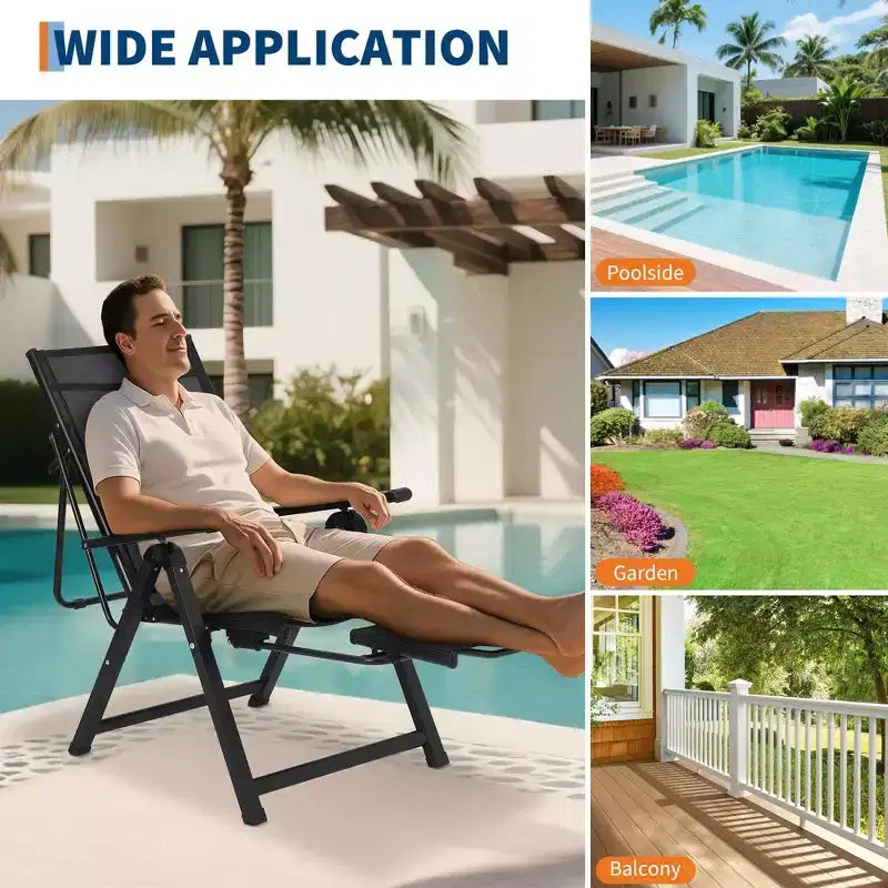 Outdoor Folding Dining Chairs with Backrests Armrests, Chaise Lounge Chairs with Footrests, Adjustable Reclining Chair No Assembly, 330lbs