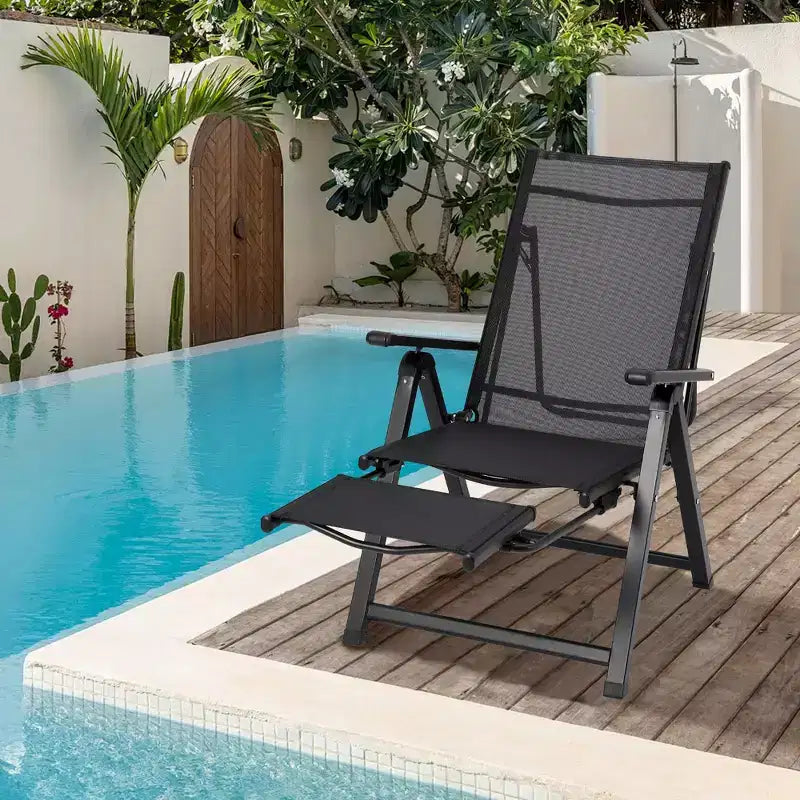 Outdoor Folding Dining Chairs with Backrests Armrests, Chaise Lounge Chairs with Footrests, Adjustable Reclining Chair No Assembly, 330lbs