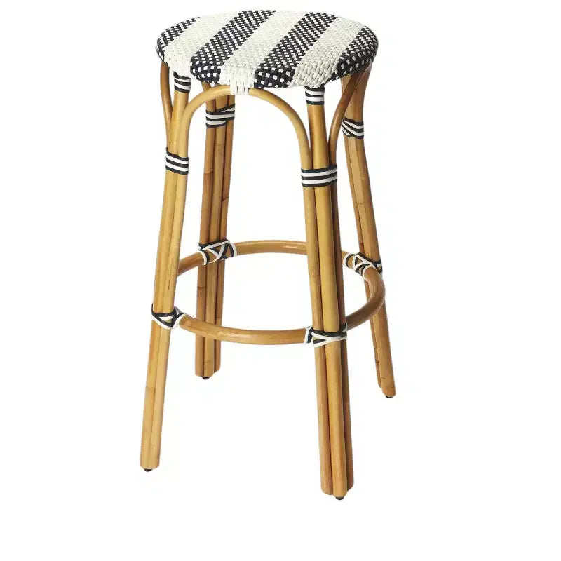 HomeRoots 30 Blue and White and Natural Heavy Duty Rattan Backless Bar Height Bar Chair