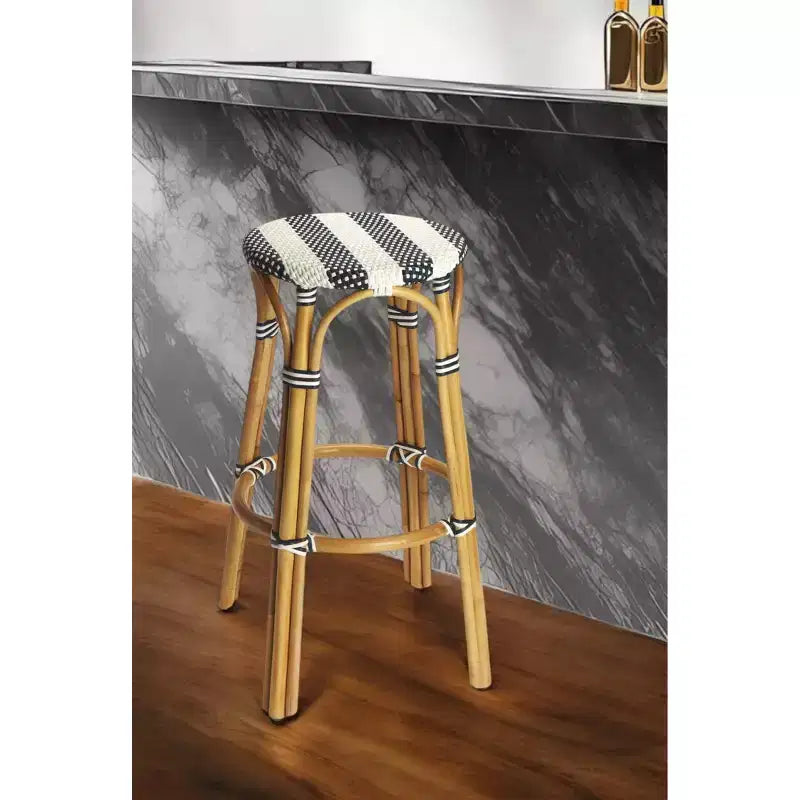 HomeRoots 30 Blue and White and Natural Heavy Duty Rattan Backless Bar Height Bar Chair