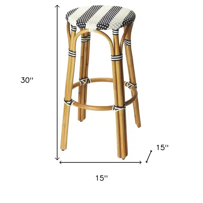 HomeRoots 30 Blue and White and Natural Heavy Duty Rattan Backless Bar Height Bar Chair