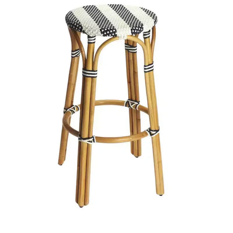 HomeRoots 30 Blue and White and Natural Heavy Duty Rattan Backless Bar Height Bar Chair