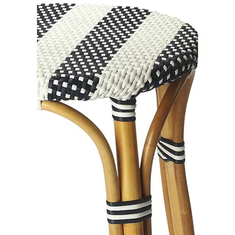 HomeRoots 30 Blue and White and Natural Heavy Duty Rattan Backless Bar Height Bar Chair