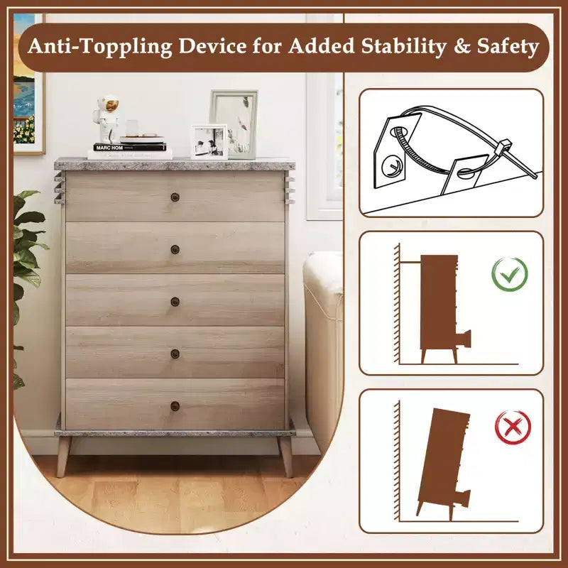Costway 5-Drawer Dresser Farmhouse Chest of Drawers with Rubber Wood Legs Anti-tipping Kit