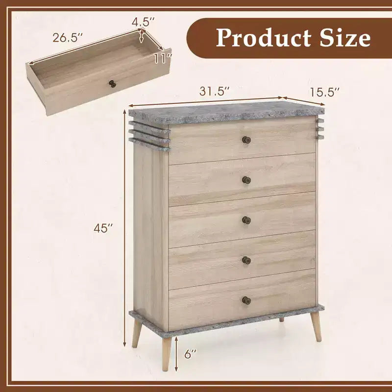 Costway 5-Drawer Dresser Farmhouse Chest of Drawers with Rubber Wood Legs Anti-tipping Kit