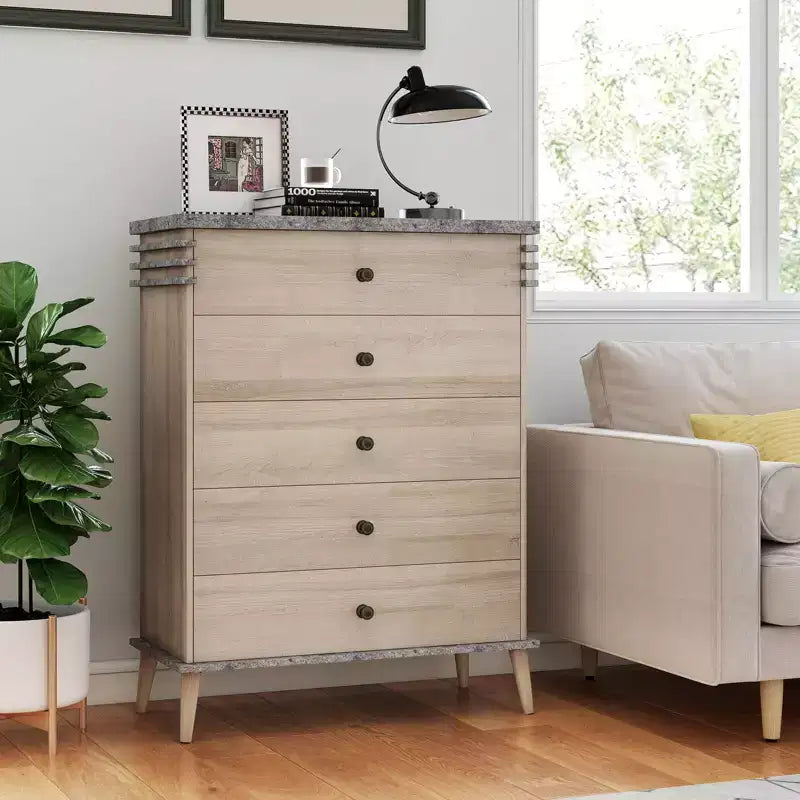 Costway 5-Drawer Dresser Farmhouse Chest of Drawers with Rubber Wood Legs Anti-tipping Kit