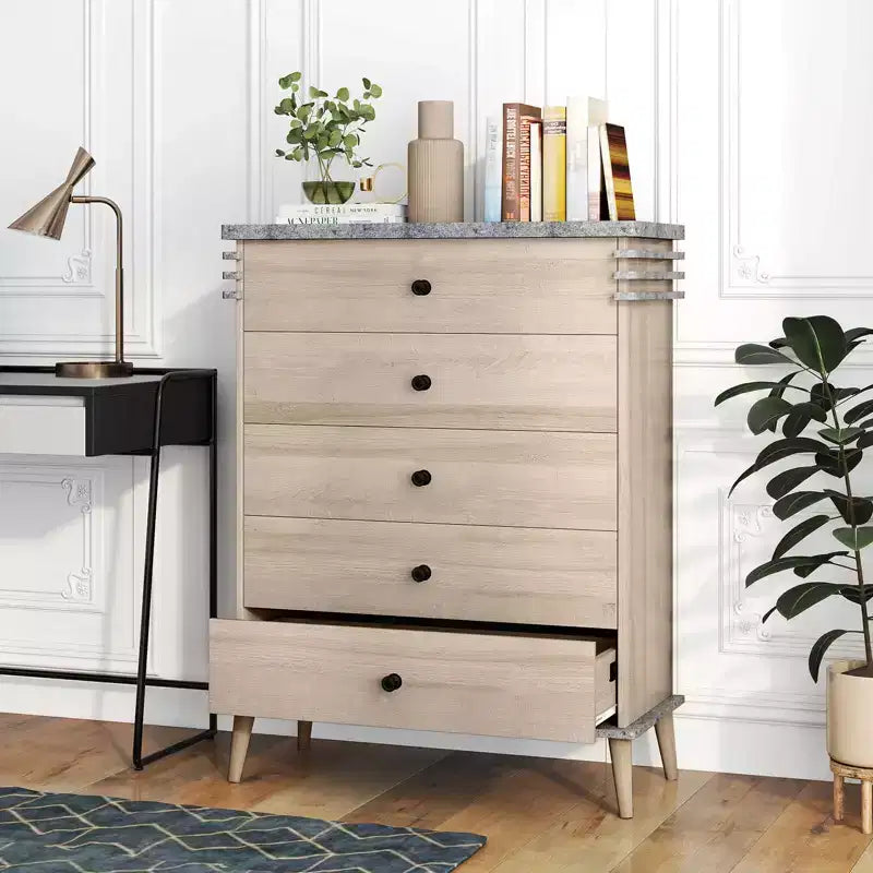 Costway 5-Drawer Dresser Farmhouse Chest of Drawers with Rubber Wood Legs Anti-tipping Kit