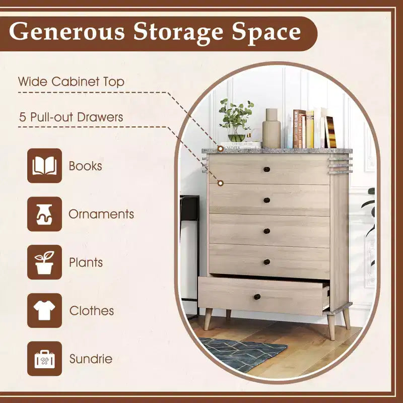 Costway 5-Drawer Dresser Farmhouse Chest of Drawers with Rubber Wood Legs Anti-tipping Kit