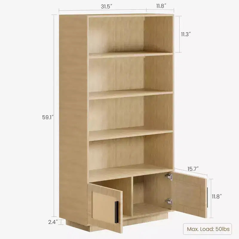 5 Tier Boho Wooden Bookcase with Rattan Doors, Tall Open Shelf Book Stand with Storage for Living Room, Bedroom, Home Office, and Kitchen