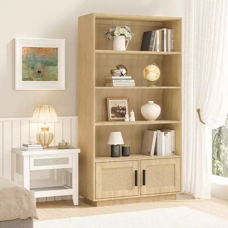 5 Tier Boho Wooden Bookcase with Rattan Doors, Tall Open Shelf Book Stand with Storage for Living Room, Bedroom, Home Office, and Kitchen