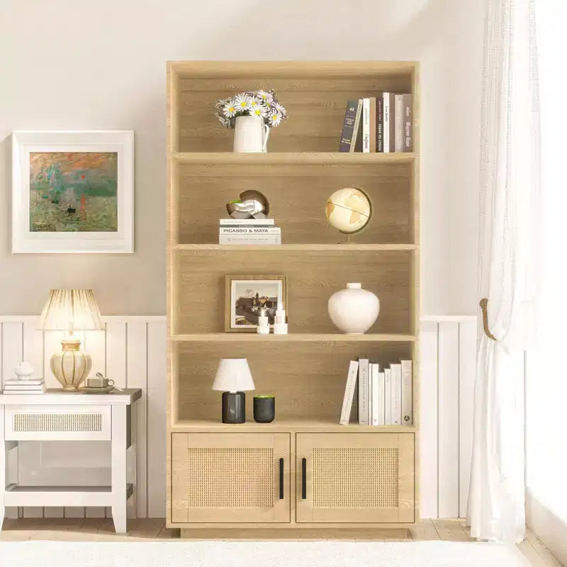 5 Tier Boho Wooden Bookcase with Rattan Doors, Tall Open Shelf Book Stand with Storage for Living Room, Bedroom, Home Office, and Kitchen