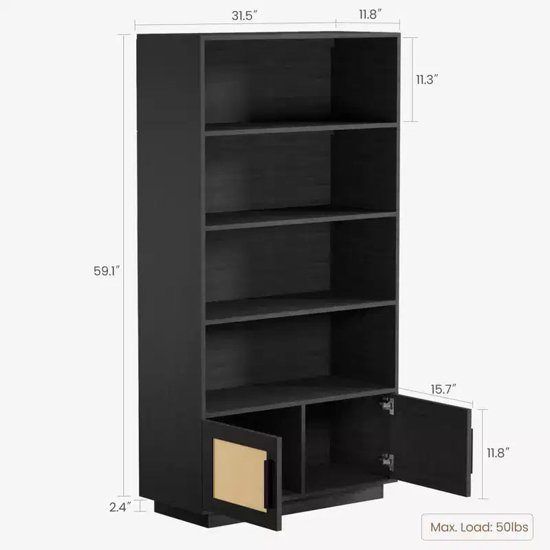 5 Tier Boho Wooden Bookcase with Rattan Doors, Tall Open Shelf Book Stand with Storage for Living Room, Bedroom, Home Office, and Kitchen
