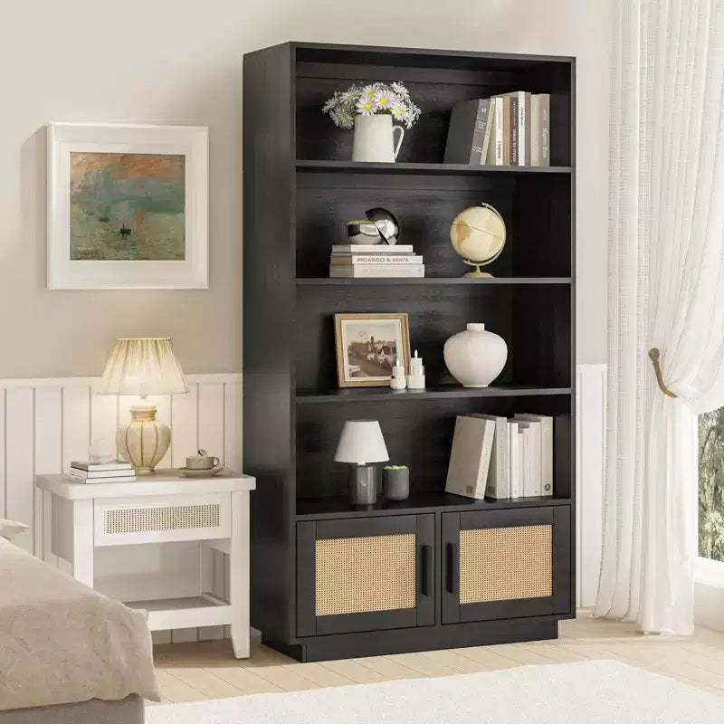 5 Tier Boho Wooden Bookcase with Rattan Doors, Tall Open Shelf Book Stand with Storage for Living Room, Bedroom, Home Office, and Kitchen