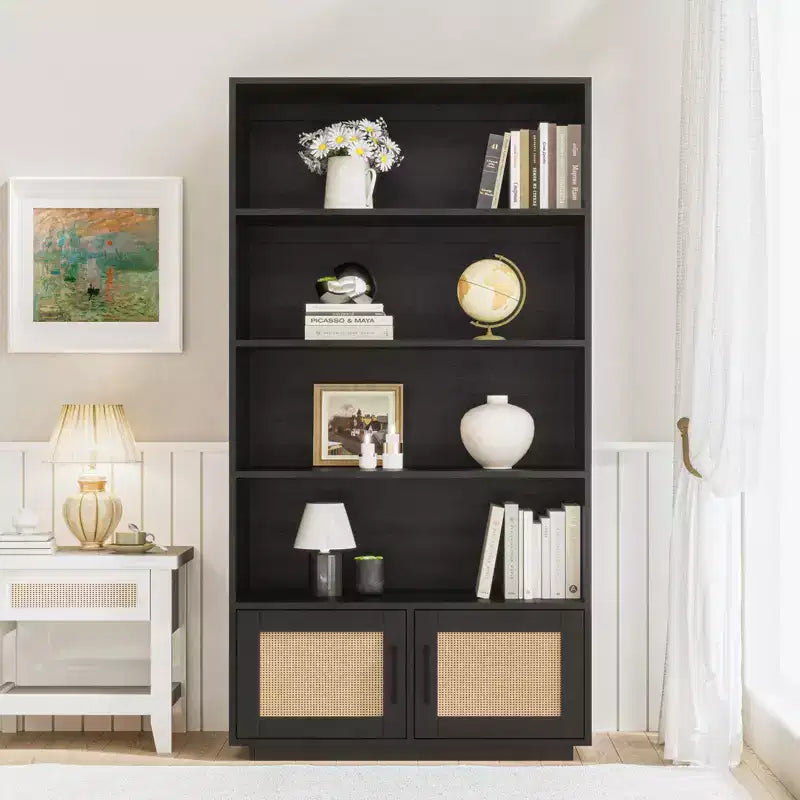 5 Tier Boho Wooden Bookcase with Rattan Doors, Tall Open Shelf Book Stand with Storage for Living Room, Bedroom, Home Office, and Kitchen