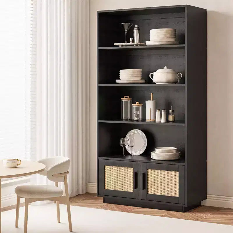 5 Tier Boho Wooden Bookcase with Rattan Doors, Tall Open Shelf Book Stand with Storage for Living Room, Bedroom, Home Office, and Kitchen
