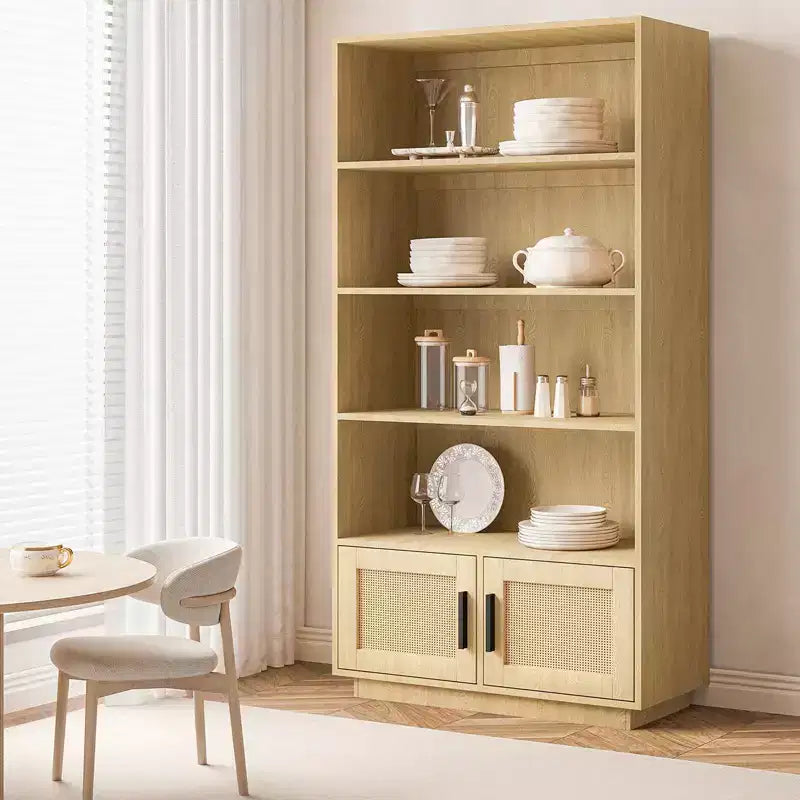 5 Tier Boho Wooden Bookcase with Rattan Doors, Tall Open Shelf Book Stand with Storage for Living Room, Bedroom, Home Office, and Kitchen