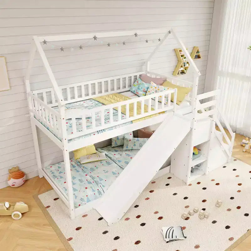 Costway Twin Over Twin Bunk Bed with Slide & Staircase with Storage Compartments White/Gray