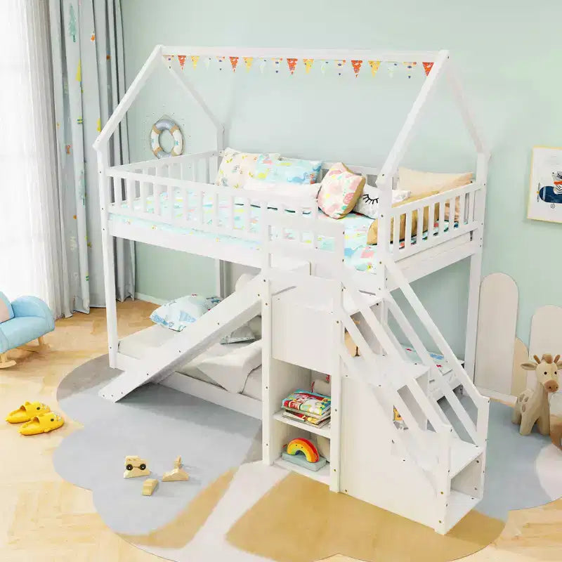 Costway Twin Over Twin Bunk Bed with Slide & Staircase with Storage Compartments White/Gray