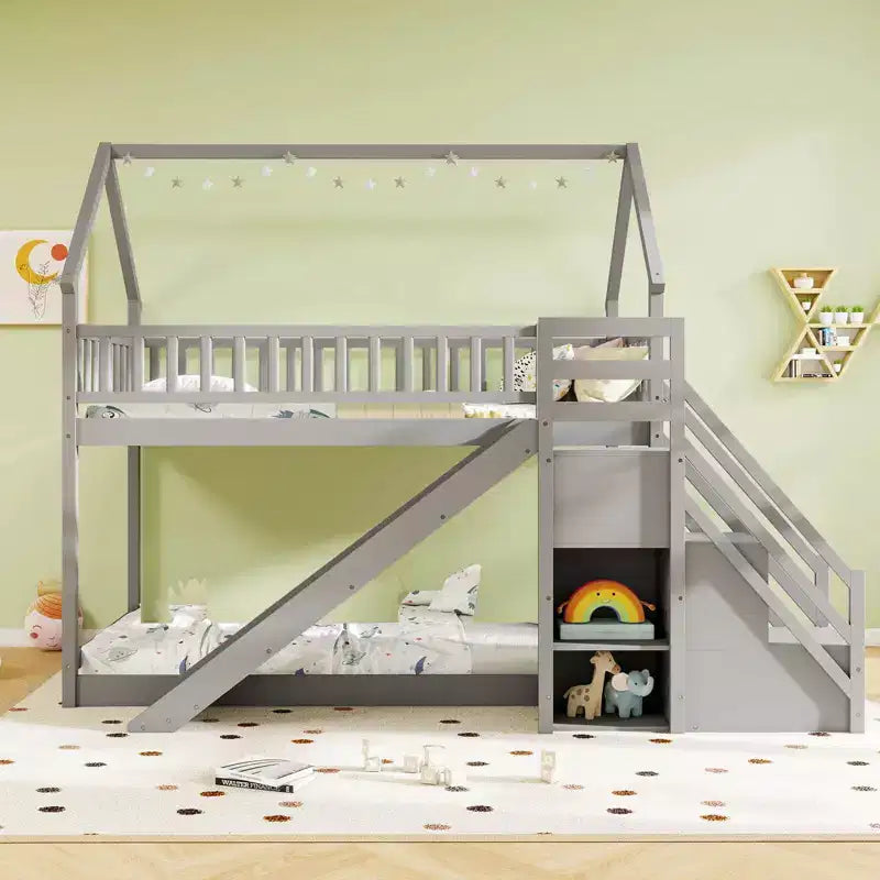 Costway Twin Over Twin Bunk Bed with Slide & Staircase with Storage Compartments White/Gray