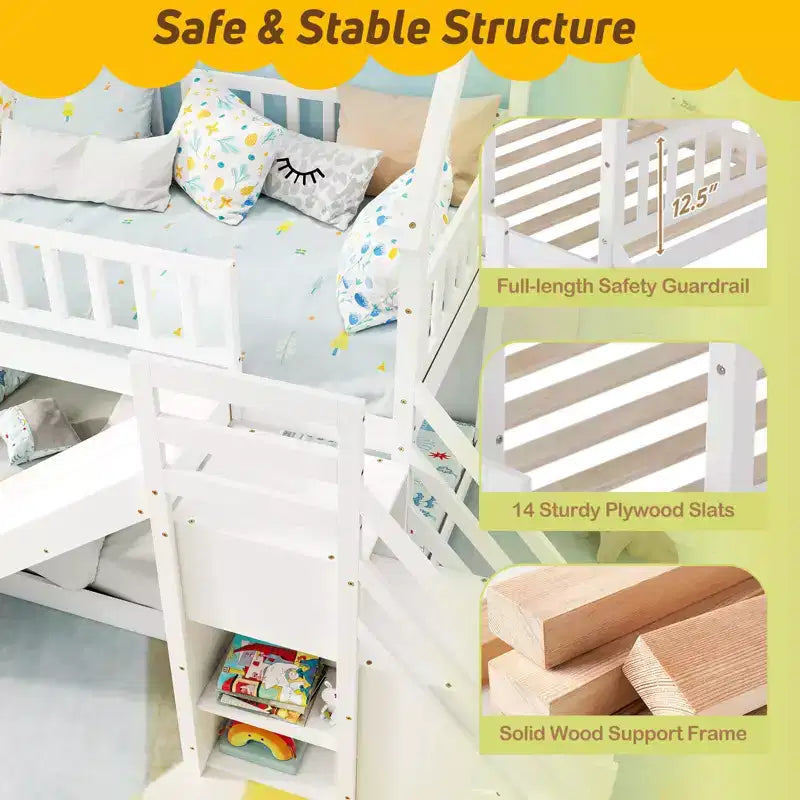 Costway Twin Over Twin Bunk Bed with Slide & Staircase with Storage Compartments White/Gray