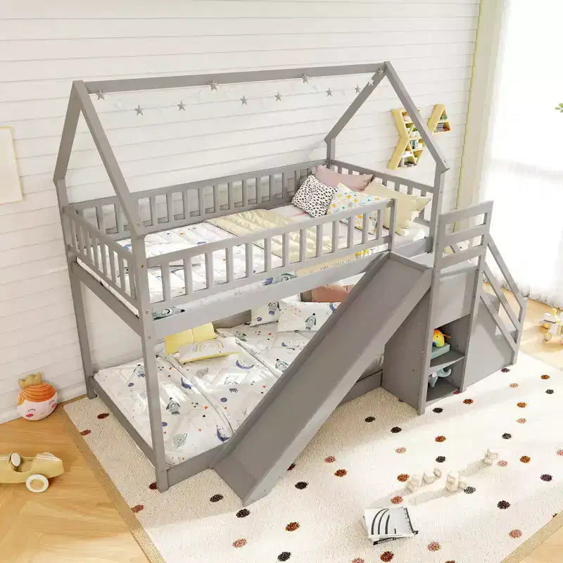 Costway Twin Over Twin Bunk Bed with Slide & Staircase with Storage Compartments White/Gray