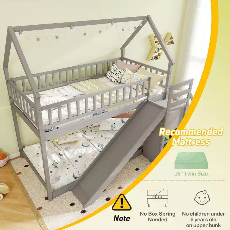 Costway Twin Over Twin Bunk Bed with Slide & Staircase with Storage Compartments White/Gray