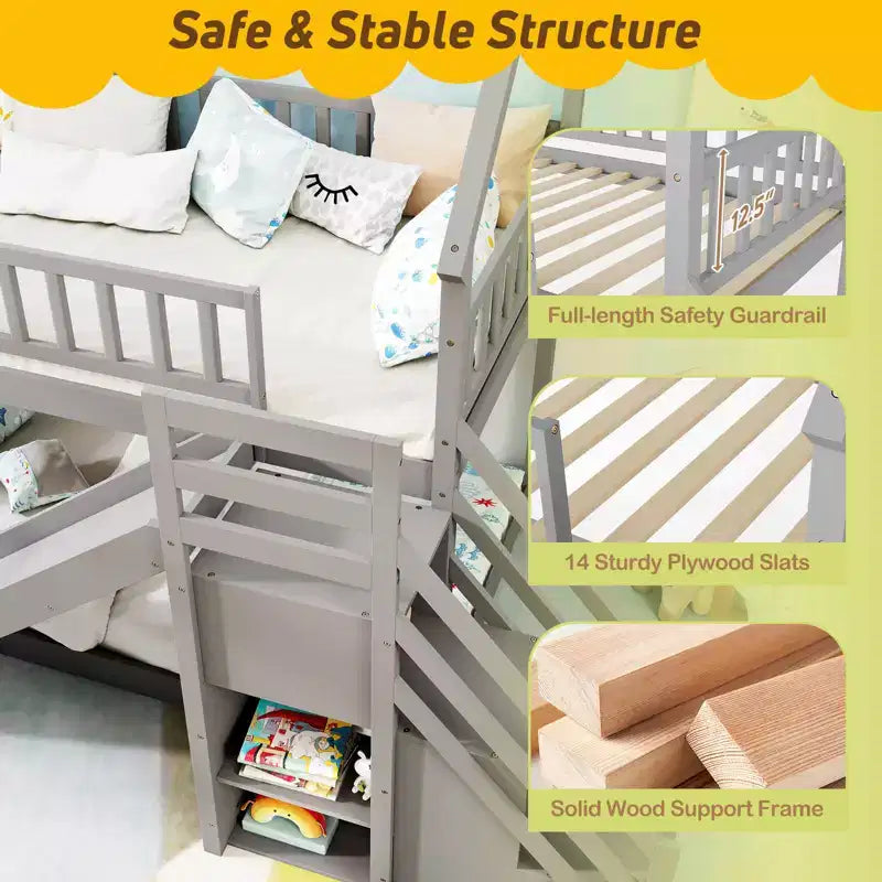 Costway Twin Over Twin Bunk Bed with Slide & Staircase with Storage Compartments White/Gray