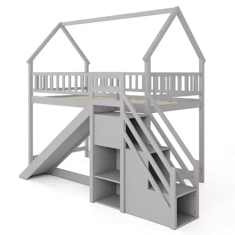 Costway Twin Over Twin Bunk Bed with Slide & Staircase with Storage Compartments White/Gray