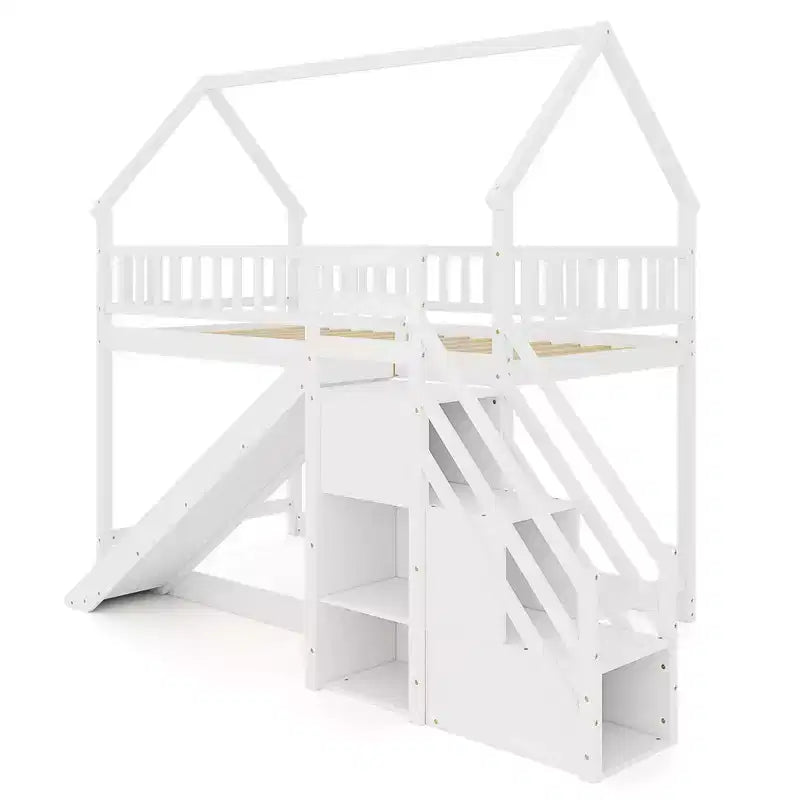Costway Twin Over Twin Bunk Bed with Slide & Staircase with Storage Compartments White/Gray