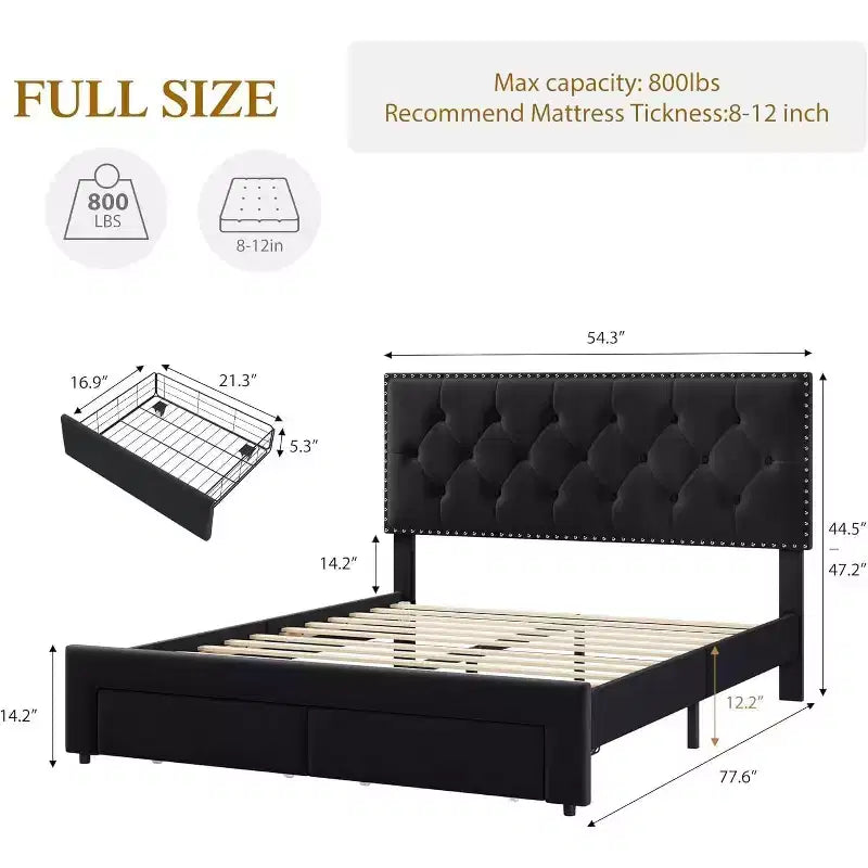 Full Size Bed Frame with 2 Storage Drawers, Wooden Slat Support, Noise Free, No Box Spring Needed, Vintage Velvet Upholstered Bedframe