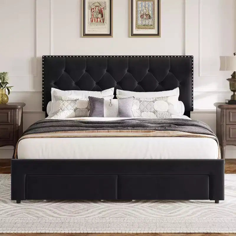 Full Size Bed Frame with 2 Storage Drawers, Wooden Slat Support, Noise Free, No Box Spring Needed, Vintage Velvet Upholstered Bedframe