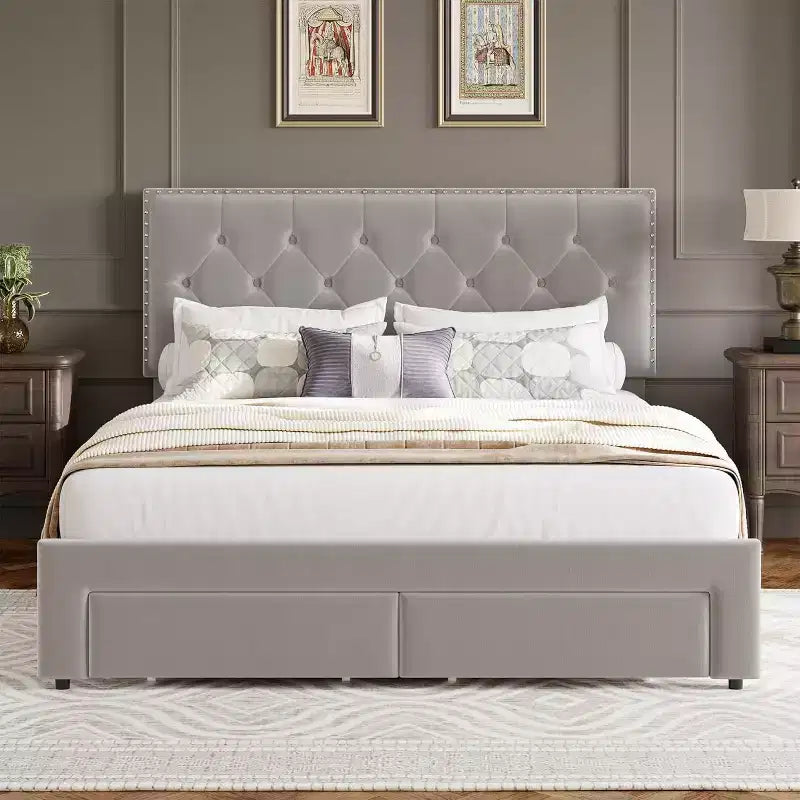 Full Size Bed Frame with 2 Storage Drawers, Wooden Slat Support, Noise Free, No Box Spring Needed, Vintage Velvet Upholstered Bedframe