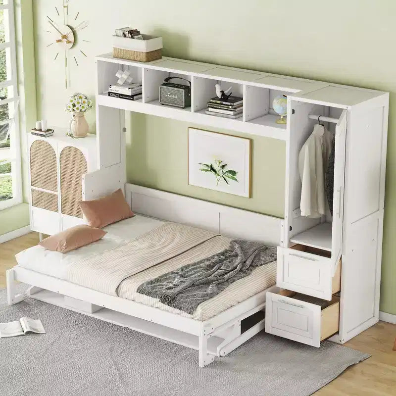 CLIHOME Full Size Murphy Bed MDF Wall Bed with Closet and 2 Drawers