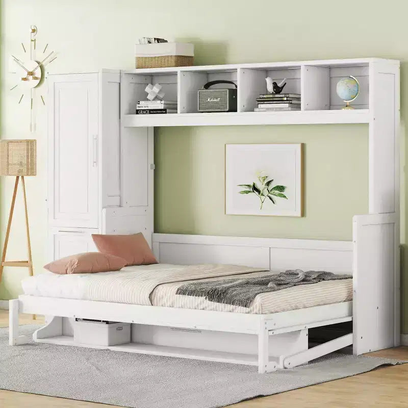 CLIHOME Full Size Murphy Bed MDF Wall Bed with Closet and 2 Drawers