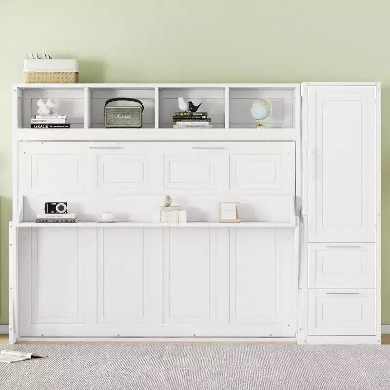 CLIHOME Full Size Murphy Bed MDF Wall Bed with Closet and 2 Drawers