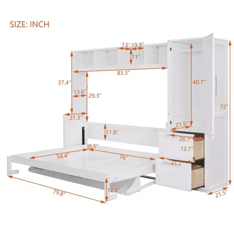 CLIHOME Full Size Murphy Bed MDF Wall Bed with Closet and 2 Drawers
