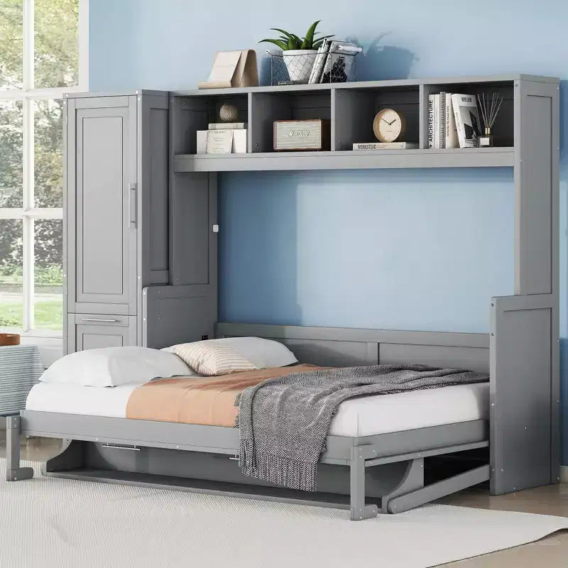 CLIHOME Full Size Murphy Bed MDF Wall Bed with Closet and 2 Drawers