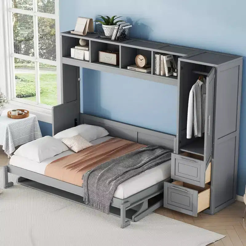 CLIHOME Full Size Murphy Bed MDF Wall Bed with Closet and 2 Drawers