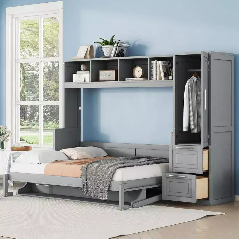 CLIHOME Full Size Murphy Bed MDF Wall Bed with Closet and 2 Drawers