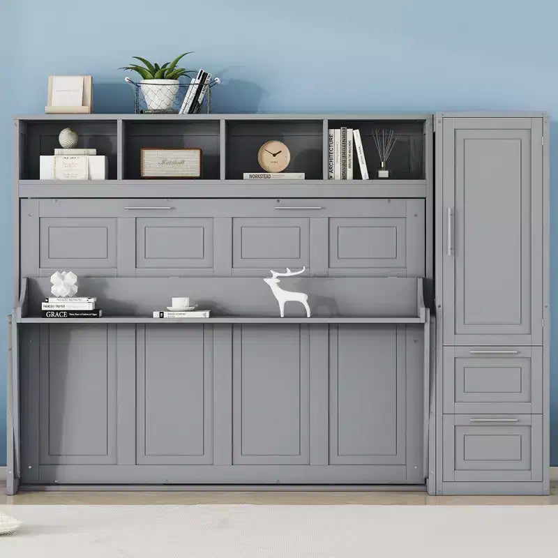 CLIHOME Full Size Murphy Bed MDF Wall Bed with Closet and 2 Drawers