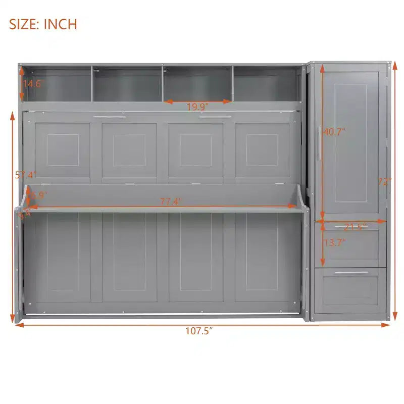 CLIHOME Full Size Murphy Bed MDF Wall Bed with Closet and 2 Drawers