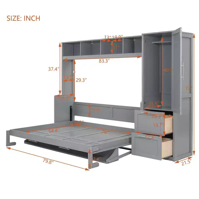 CLIHOME Full Size Murphy Bed MDF Wall Bed with Closet and 2 Drawers