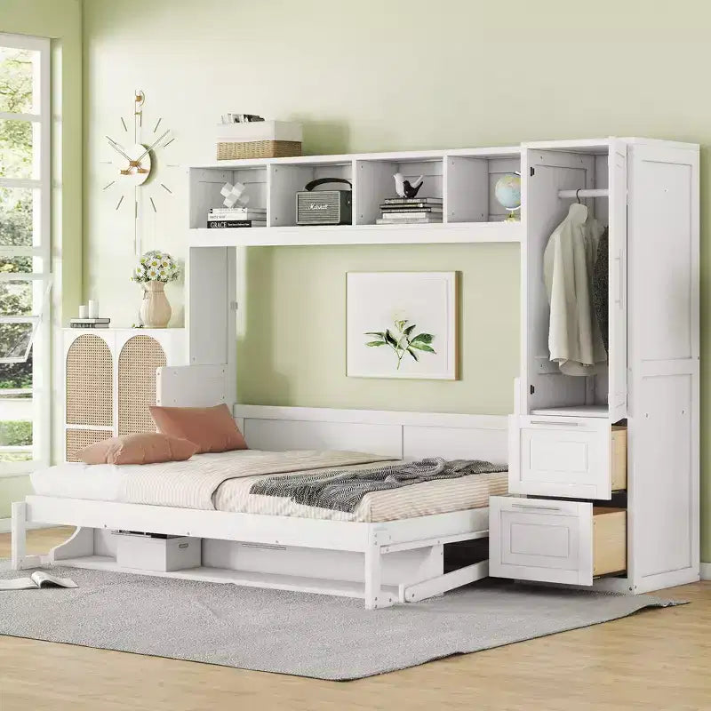 CLIHOME Full Size Murphy Bed MDF Wall Bed with Closet and 2 Drawers